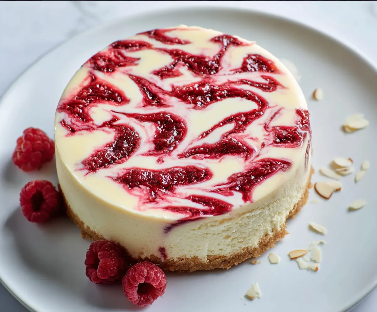 Delicious Raspberry Almond Cheesecake topped with fresh raspberries and crunchy almonds.