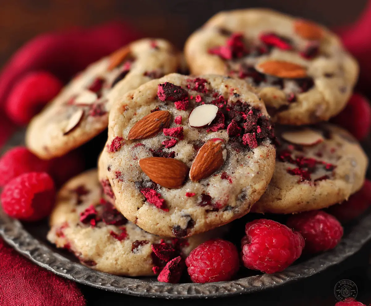 Delicious raspberry almond cookies topped with colorful freeze-dried berries.