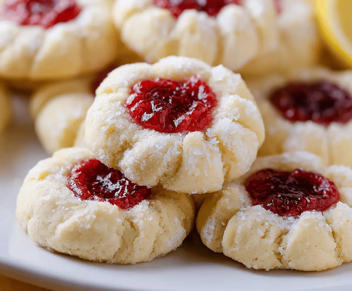 Delicious Raspberry and Lemon Thumbprint Cookies on a white plate with fresh raspberries and lemon slices.