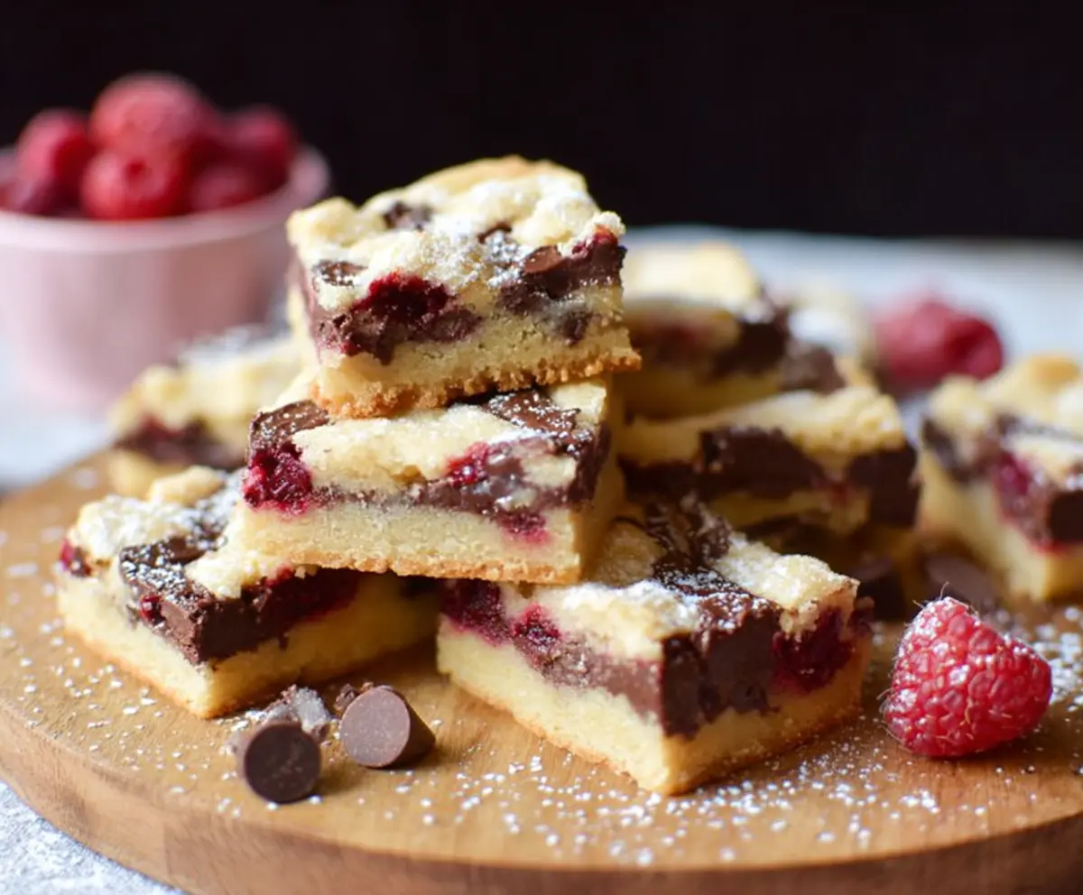 Delicious raspberry chocolate chip shortbread bars with fresh raspberries and melty chocolate chips