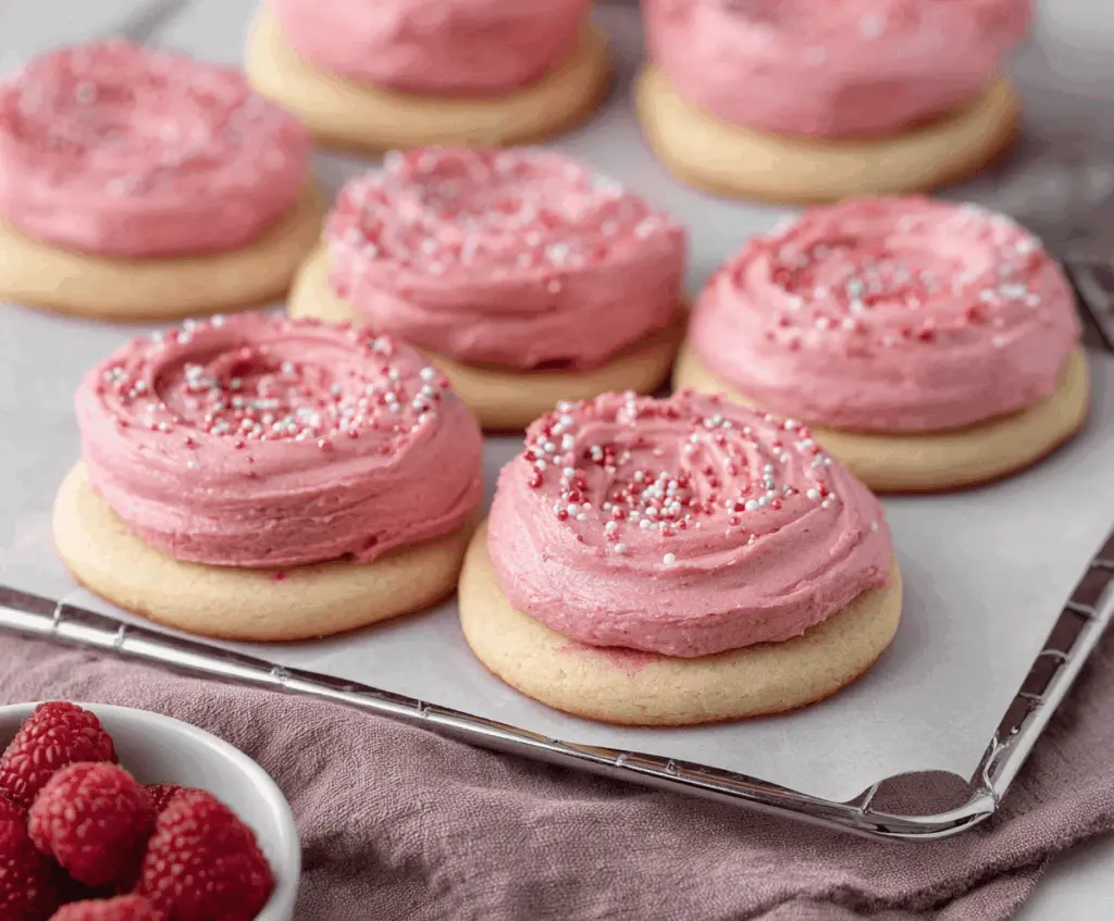 Delicious Raspberry Frosted Sugar Cookies with pink icing and sprinkles on a white platter.