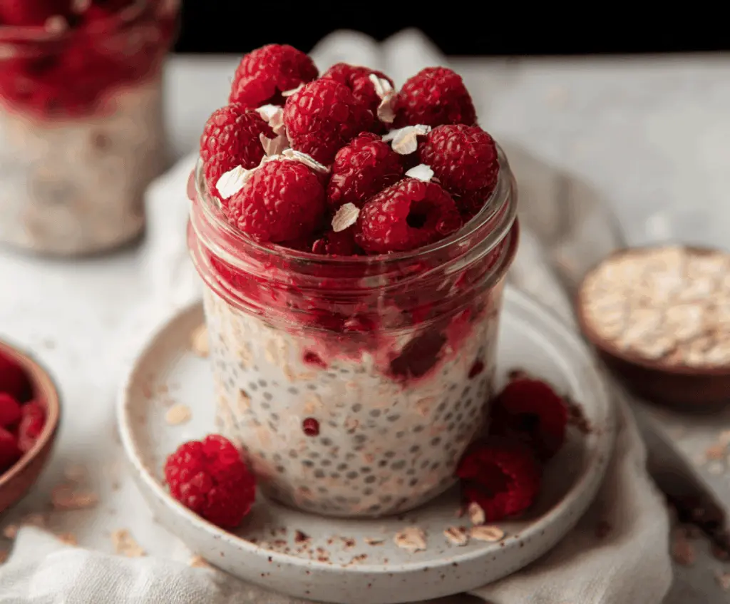 Delicious raspberry overnight oats topped with fresh berries and honey on a white plate.