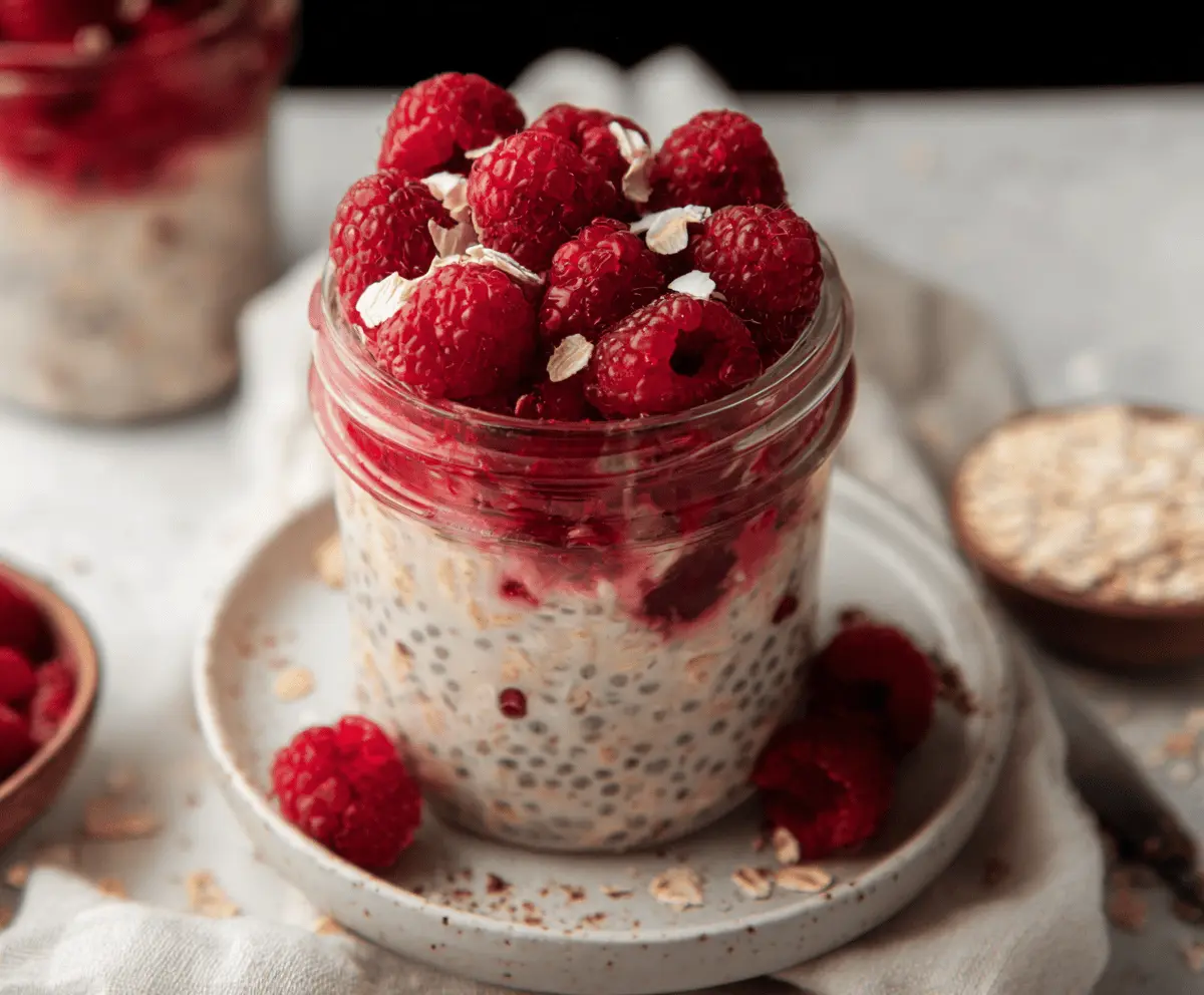 Delicious raspberry overnight oats topped with fresh berries and honey on a white plate.