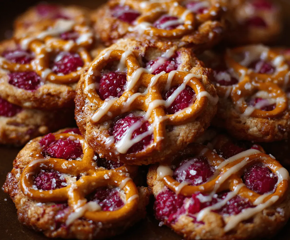 Delicious raspberry pretzel cookies with a sweet and salty flavor combination on a rustic plate.