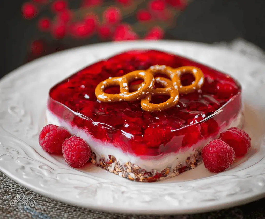 Delicious Raspberry Pretzel Jello dessert with fresh berries and crushed pretzels on top