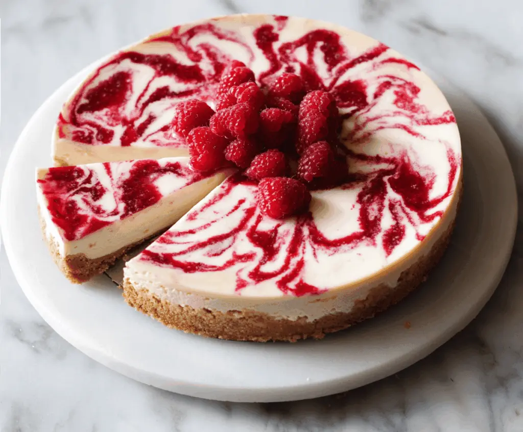 Delicious Raspberry Swirl Cheesecake with a creamy texture and vibrant berry swirl on top