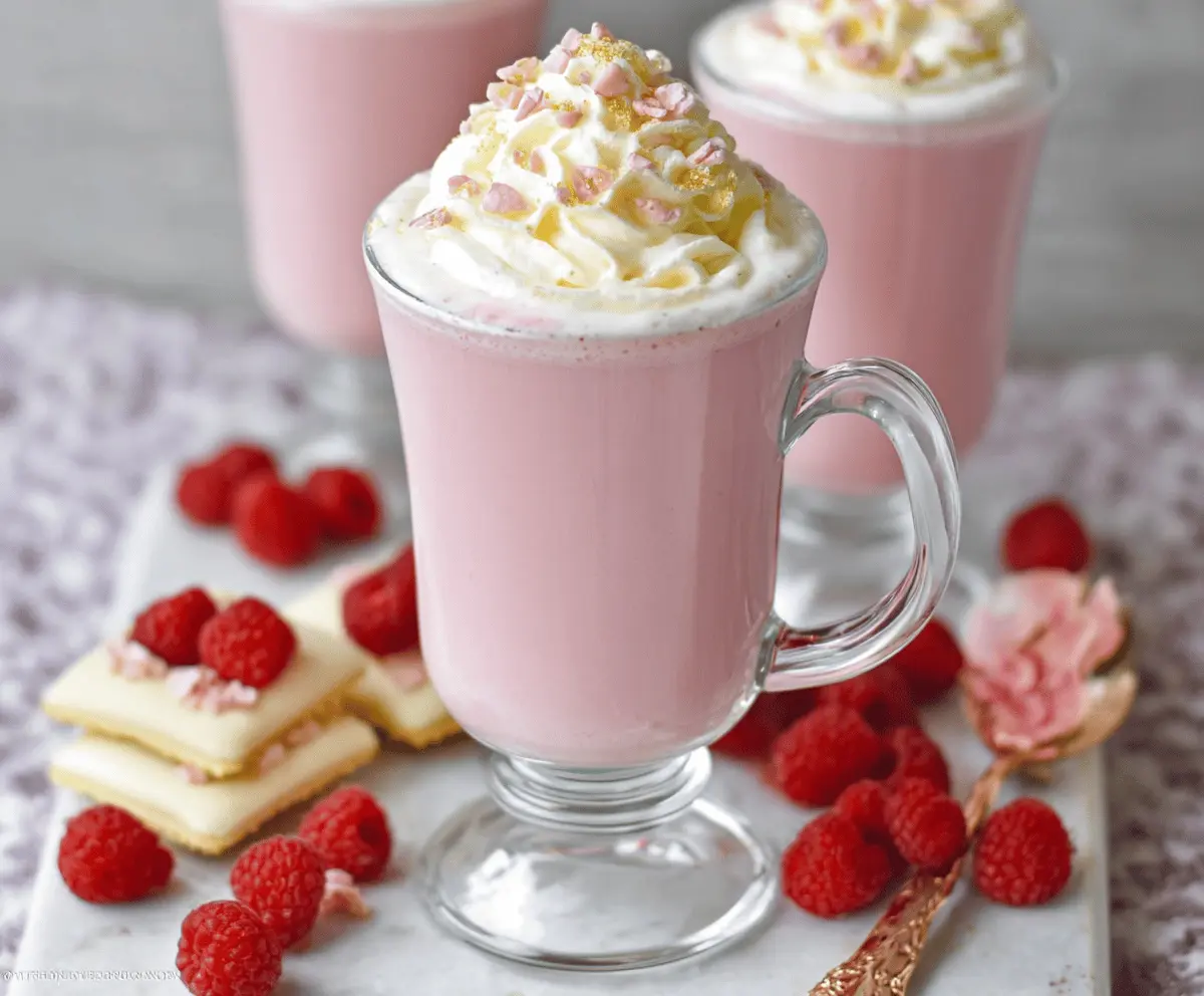 Creamy Raspberry White Hot Chocolate topped with whipped cream and fresh raspberries