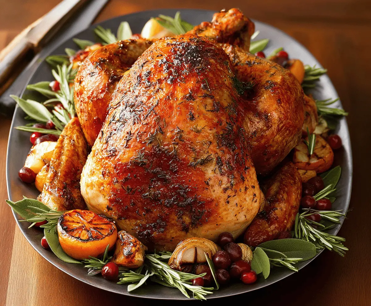 Juicy roasted turkey with golden crispy skin, perfect for a festive holiday dinner