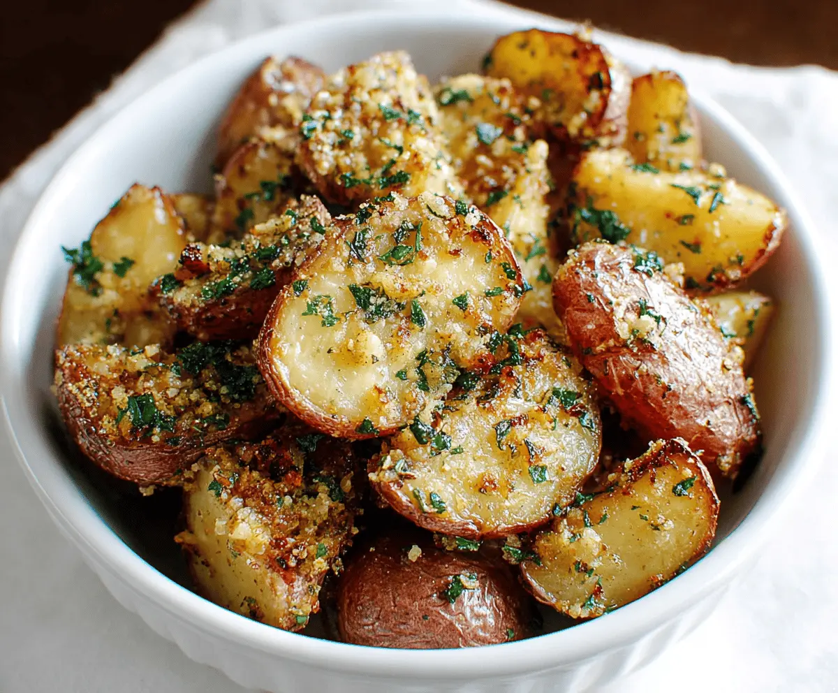 Delicious roasted garlic parmesan potatoes served on a plate, garnished with fresh herbs.