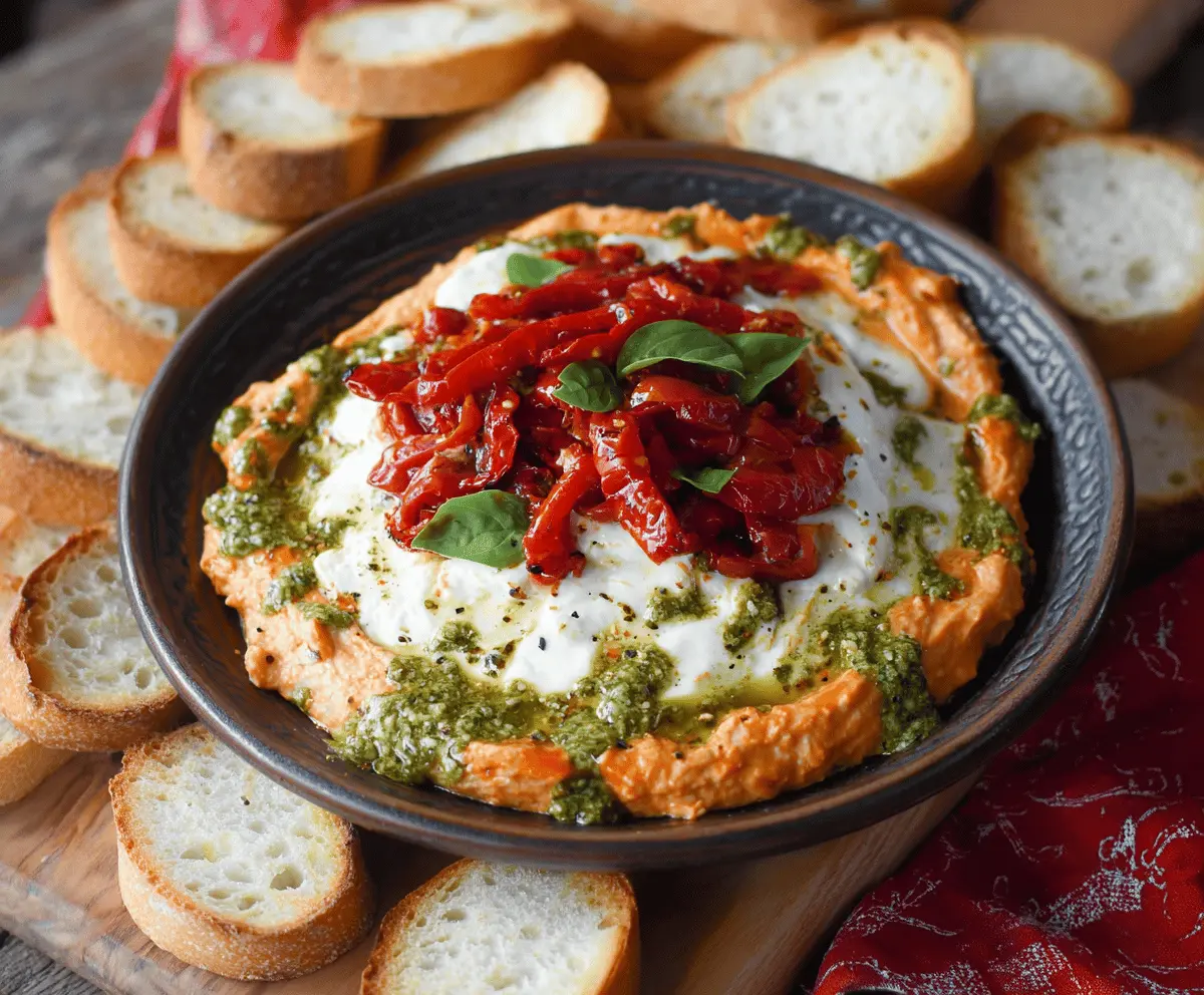 Creamy Roasted Red Pepper Goat Cheese Pesto Dip served with fresh vegetables.