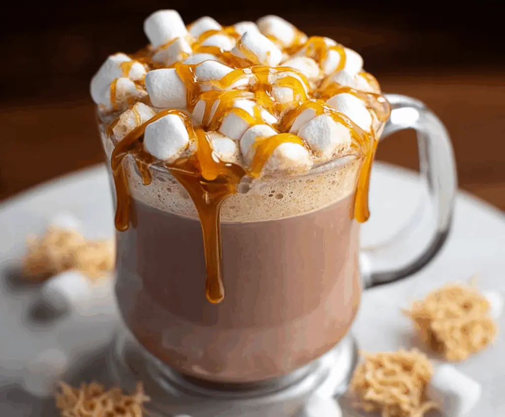 Creamy salted caramel hot chocolate topped with whipped cream and caramel drizzle in a cozy mug.