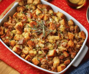 Delicious sausage stuffing with herbs and breadcrumbs, perfect for holiday dinners.