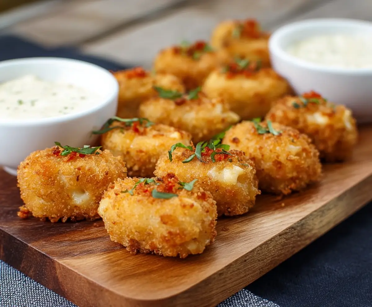 Delicious smoked Gouda mac and cheese bites on a plate, perfect for snack or party appetizer.