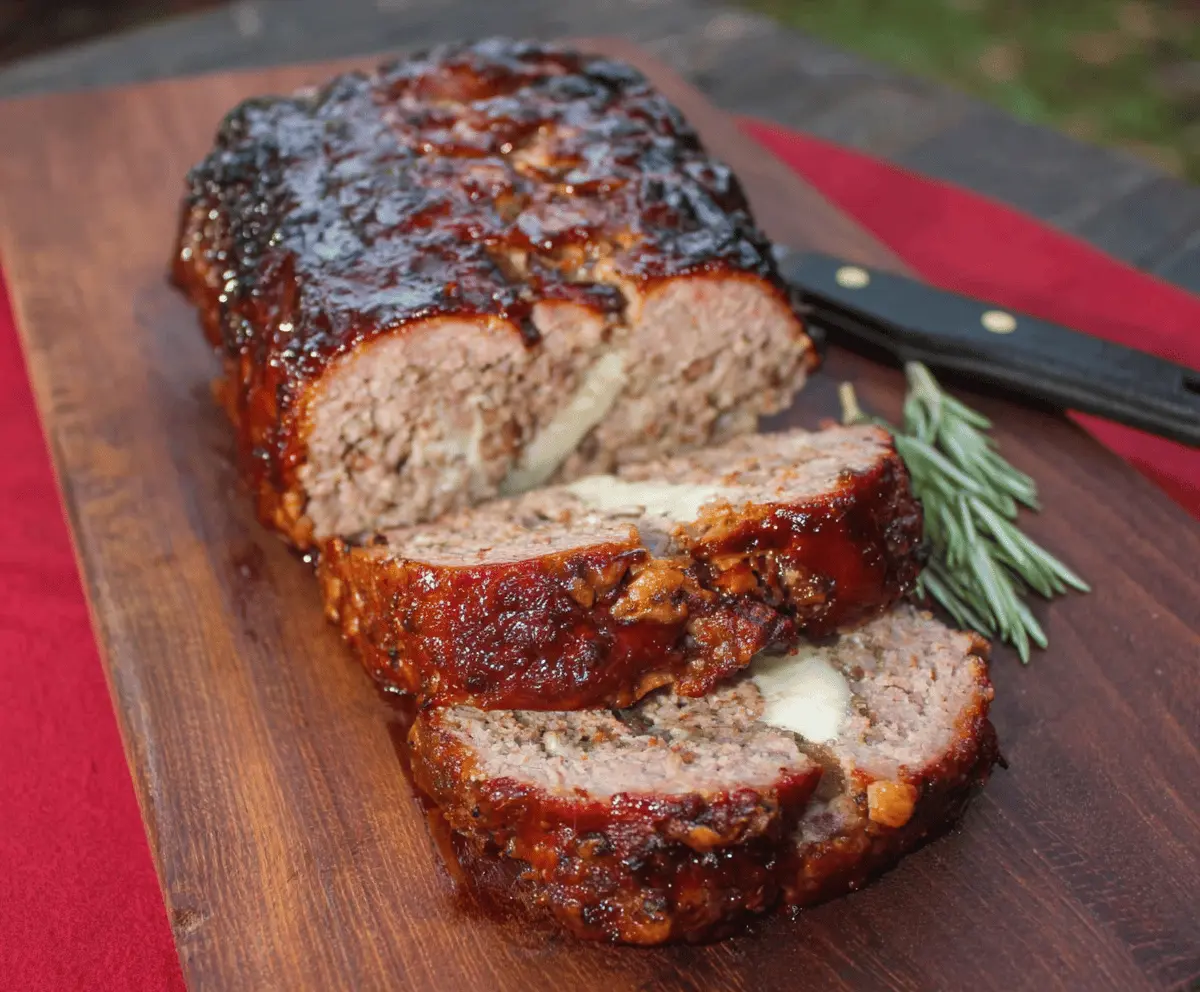 Delicious smoked meatloaf garnished with fresh herbs on a rustic platter.