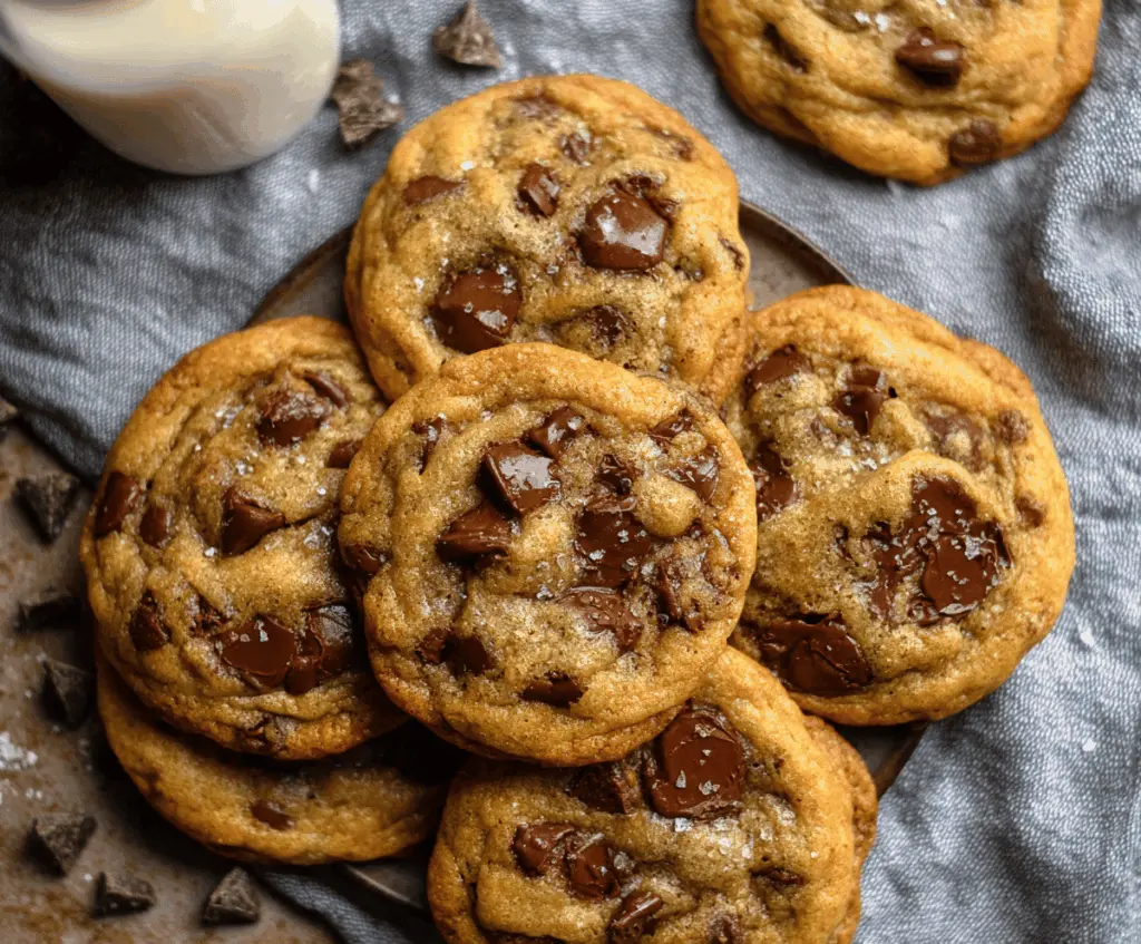 Delicious soft-batch chocolate chip cookies fresh out of the oven with gooey chocolate chips.