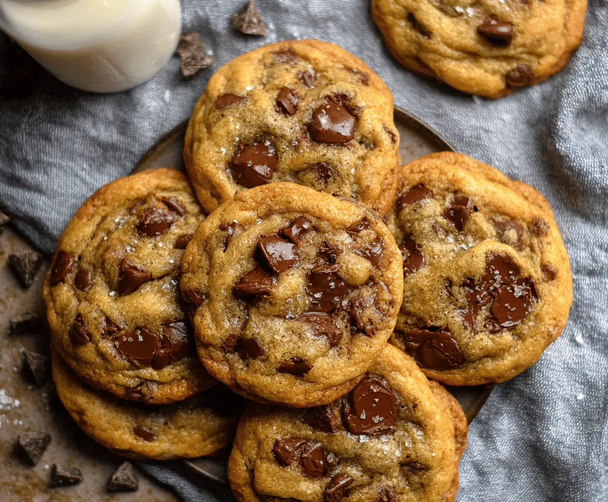 Delicious soft-batch chocolate chip cookies fresh out of the oven with gooey chocolate chips.