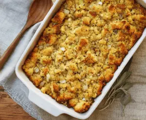 Delicious homemade Southern Cornbread Dressing served on a festive table.