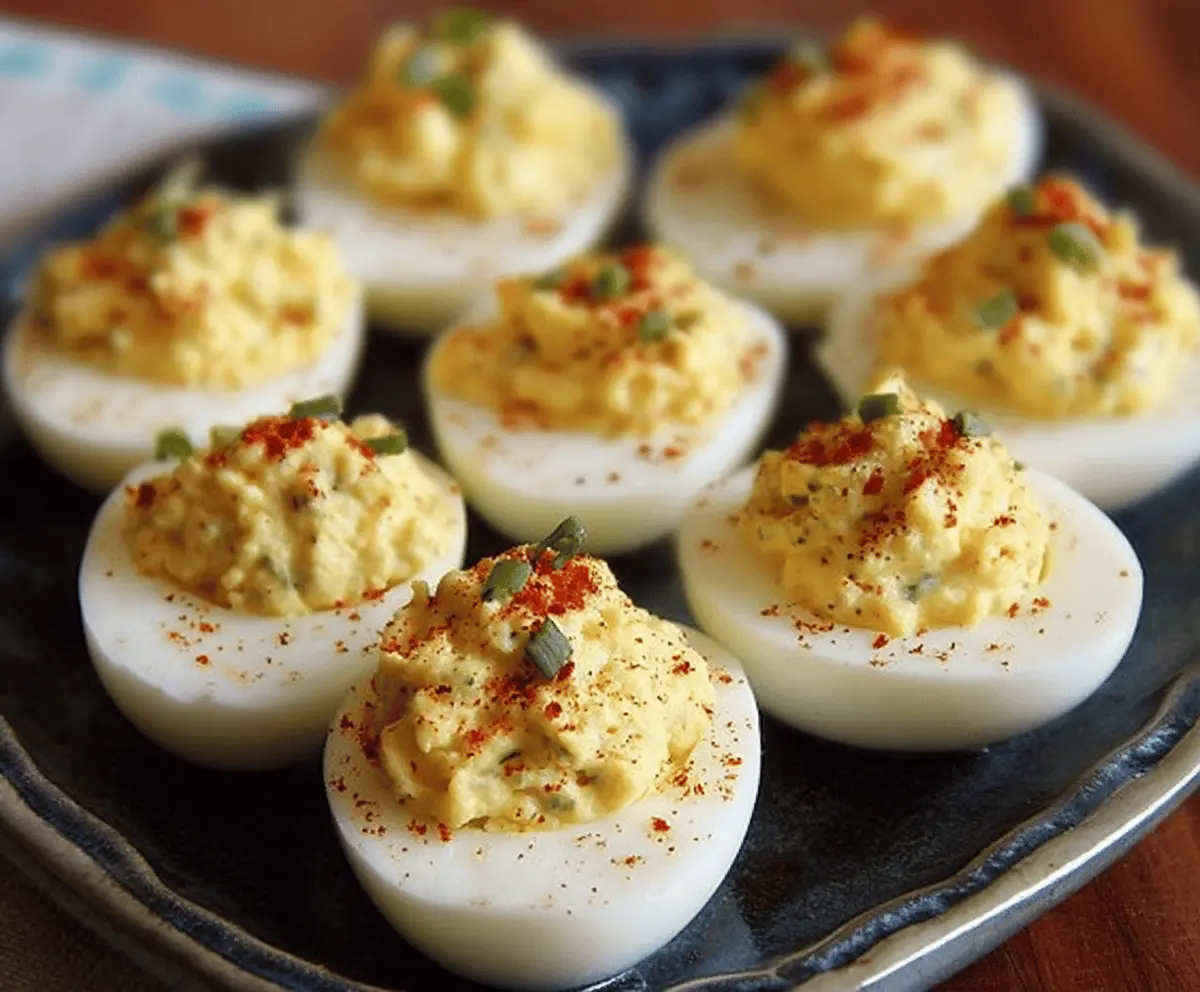 Delicious Southern deviled eggs with creamy filling and paprika topping on a rustic plate