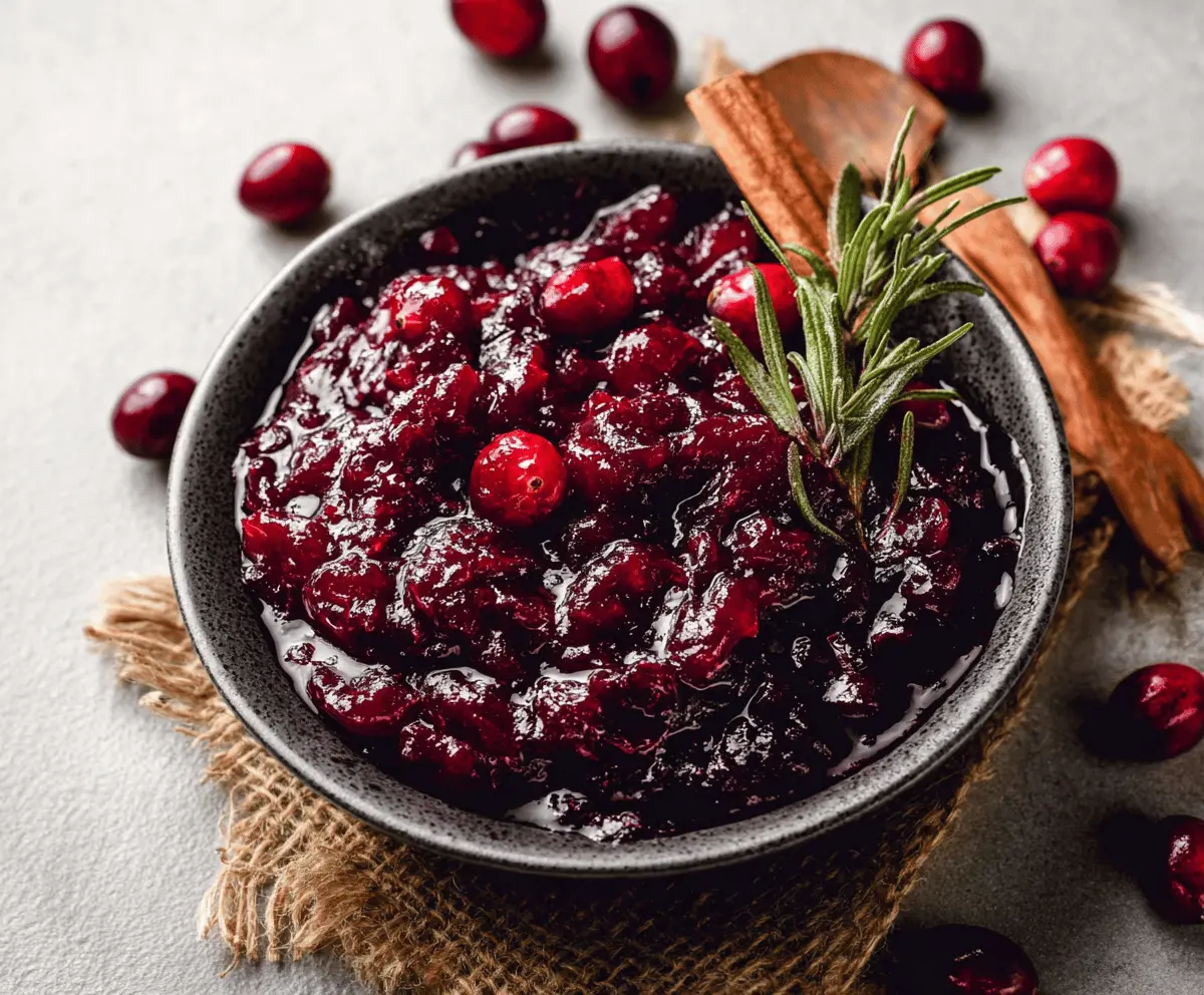 A bowl of homemade spiced cranberry sauce garnished with orange zest and cinnamon sticks.
