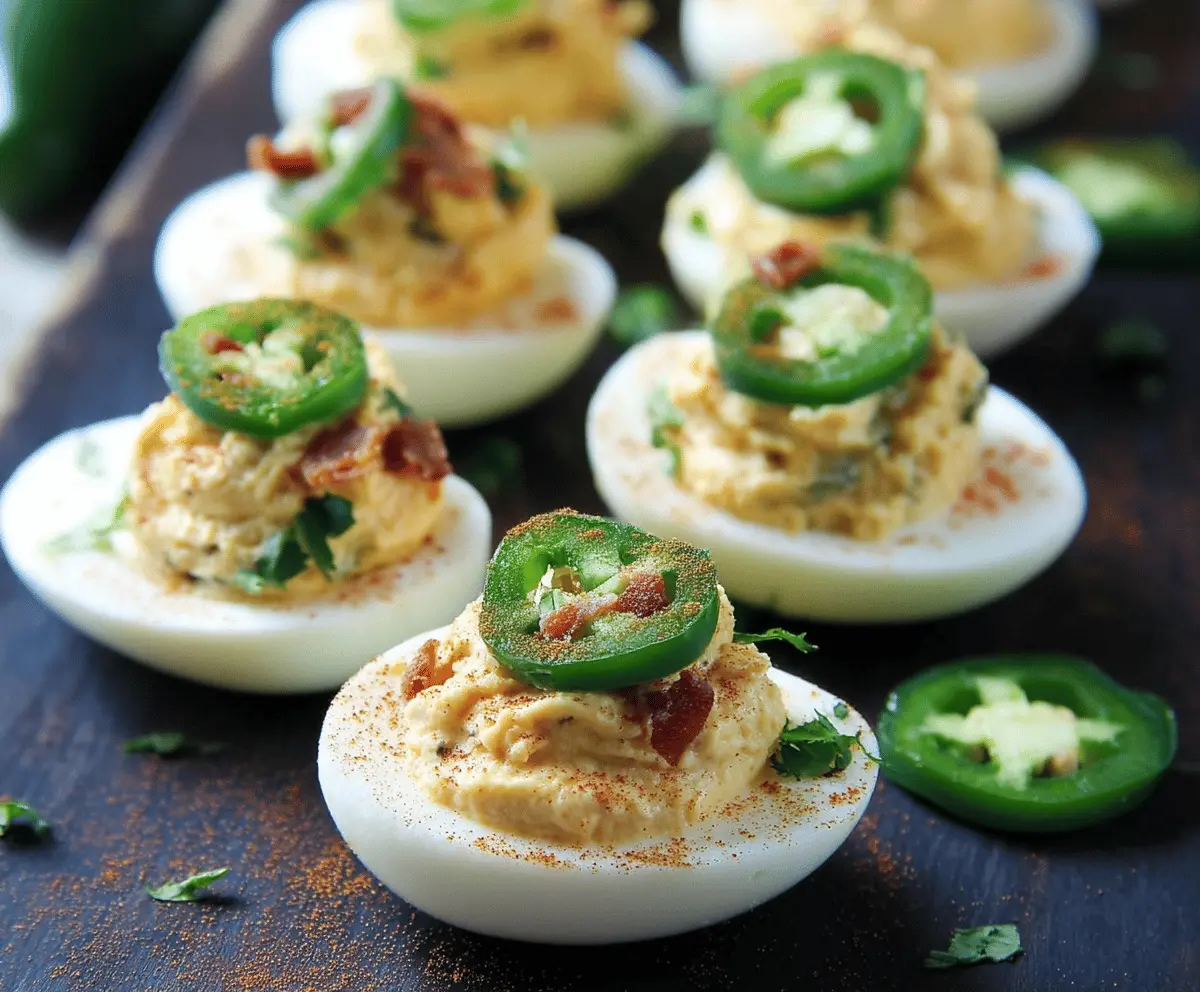 Delicious spicy jalapeño popper deviled eggs topped with cheese and fresh herbs.
