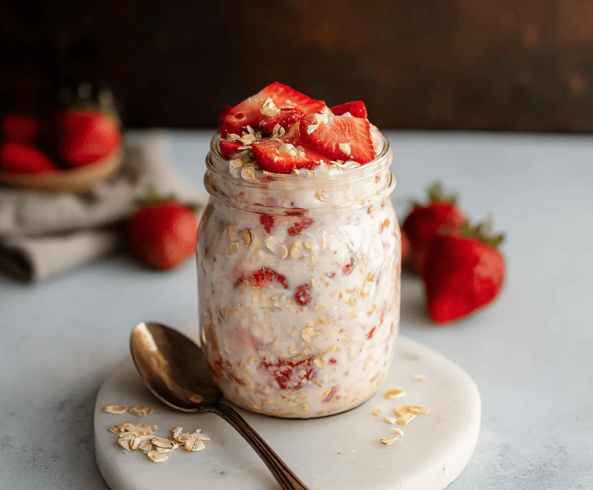 Creamy overnight oats topped with fresh strawberries and a drizzle of cream for a delicious breakfast.