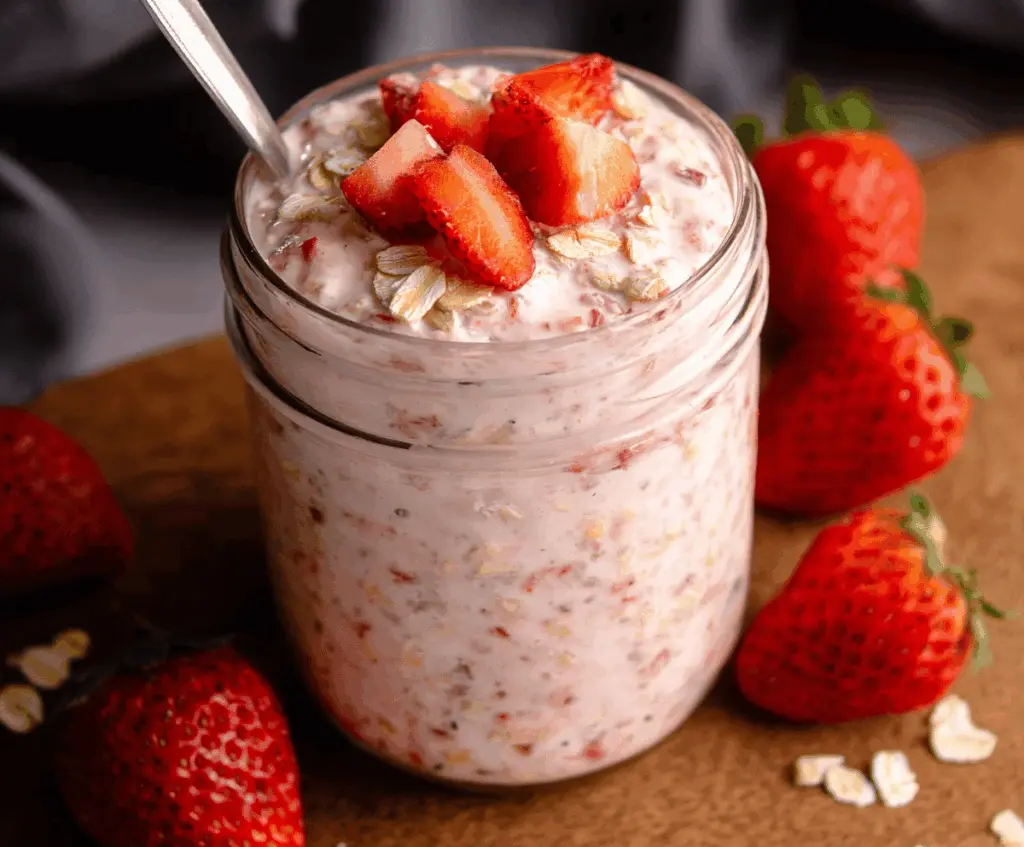 Creamy strawberry overnight oats in a glass jar topped with fresh strawberries and chia seeds.