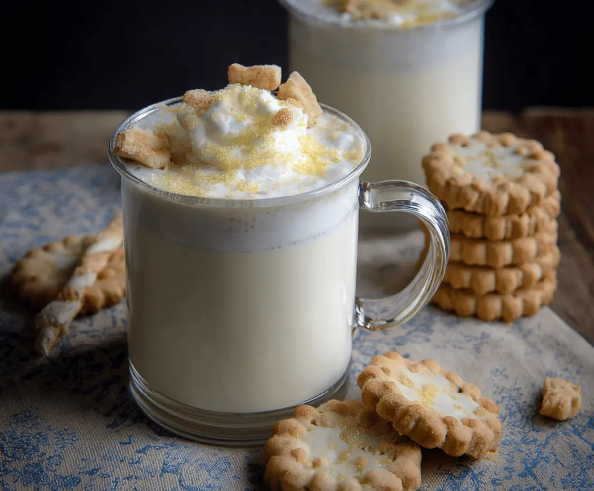 Creamy sugar cookie white hot chocolate topped with whipped cream and sprinkles, perfect for cozy winter nights.