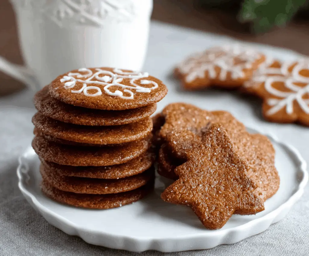 Golden Swedish gingerbread cookies decorated with icing on a festive plate.
