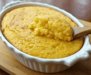 Creamy sweet corn pudding garnished with fresh herbs served in a rustic bowl.