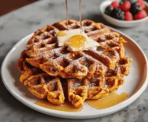 Delicious sweet potato waffles topped with syrup and fresh berries on a breakfast plate.