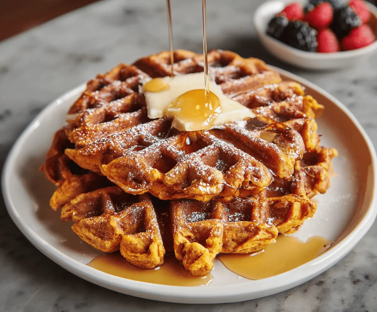 Delicious sweet potato waffles topped with syrup and fresh berries on a breakfast plate.