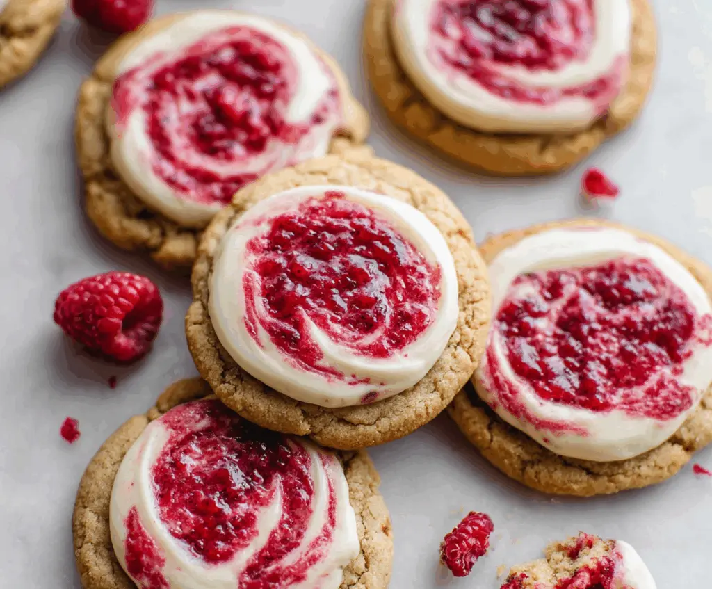 Delicious Swirled Raspberry Cheesecake Cookies with vibrant raspberry swirl and creamy cheesecake filling
