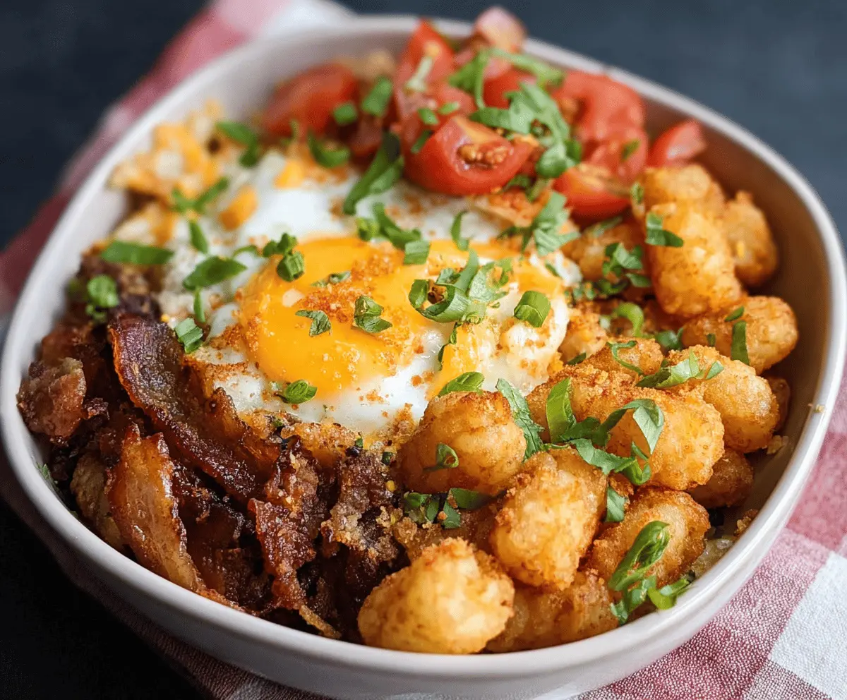 Savory Tater Tot Breakfast Bowl topped with eggs, cheese, and fresh herbs