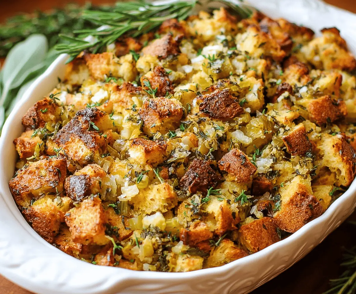 Homemade traditional Thanksgiving stuffing with bread crumbs, herbs, and vegetables in a rustic dish.