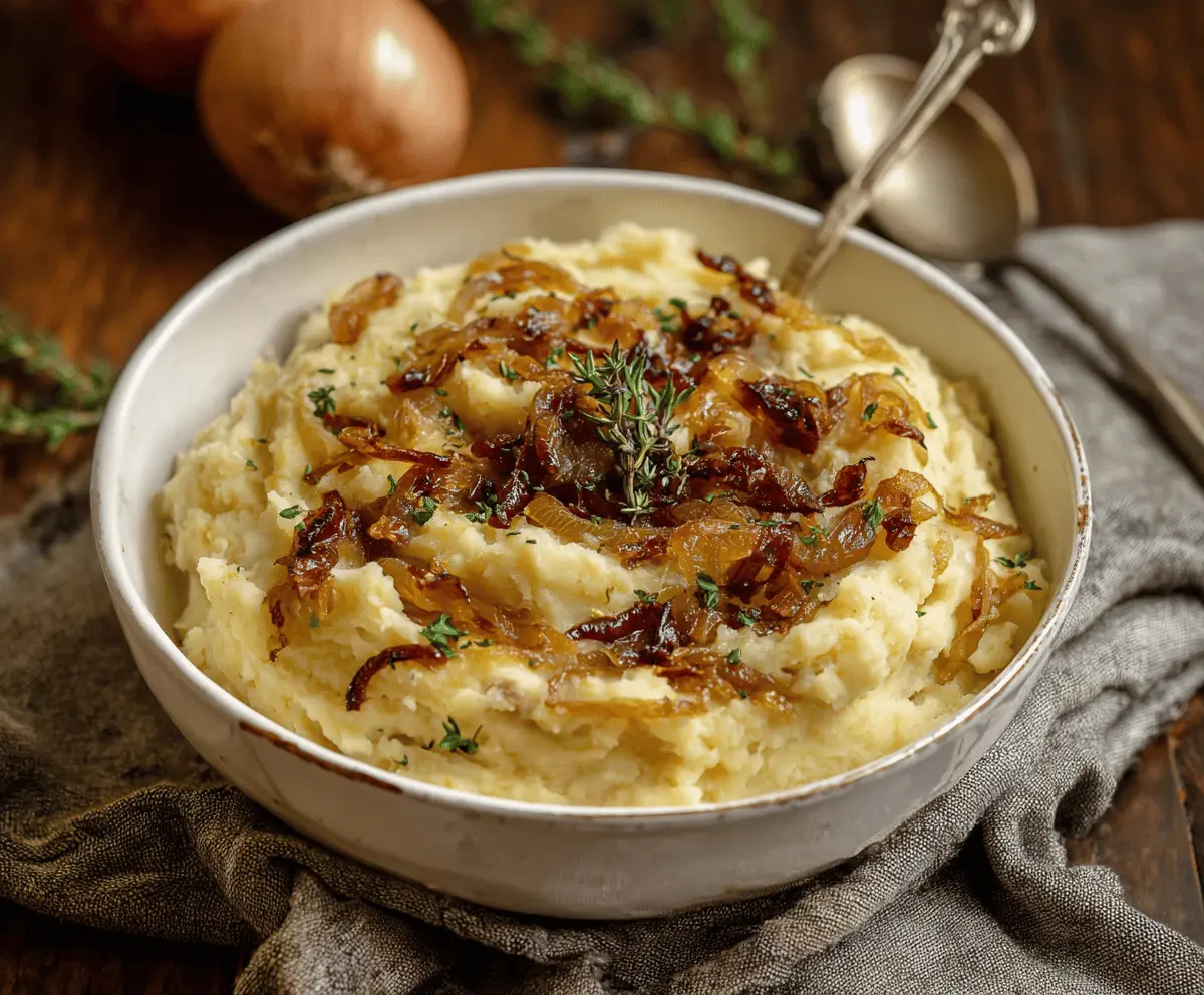 Creamy vegan mashed potatoes topped with caramelized onions for a flavorful plant-based dish.
