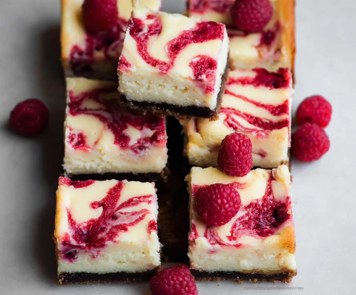 Delicious white chocolate raspberry cheesecake bars with a creamy texture and vibrant berry topping.