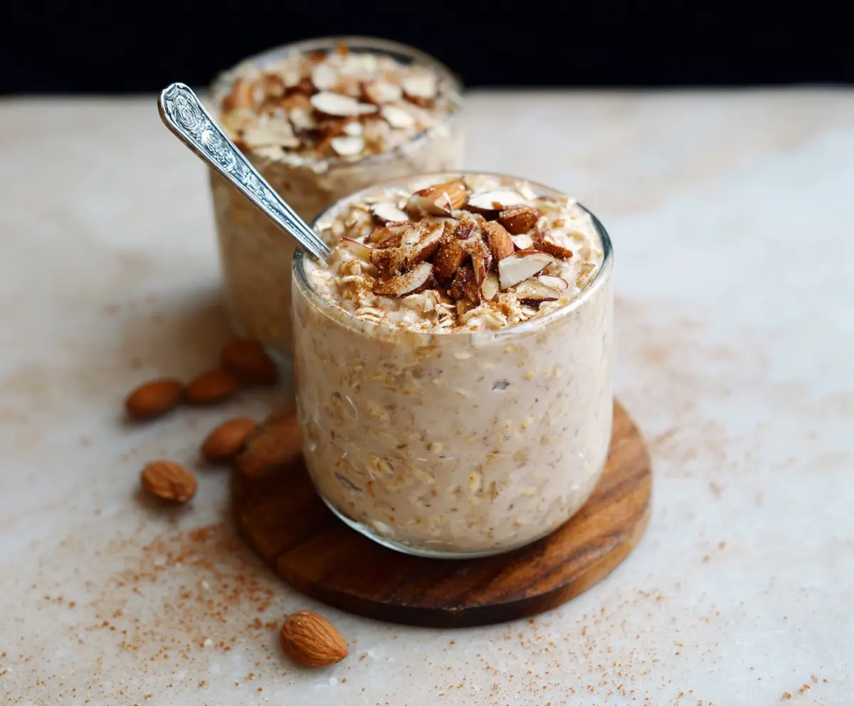 Creamy almond croissant overnight oats topped with sliced almonds and fresh fruit in a glass jar.