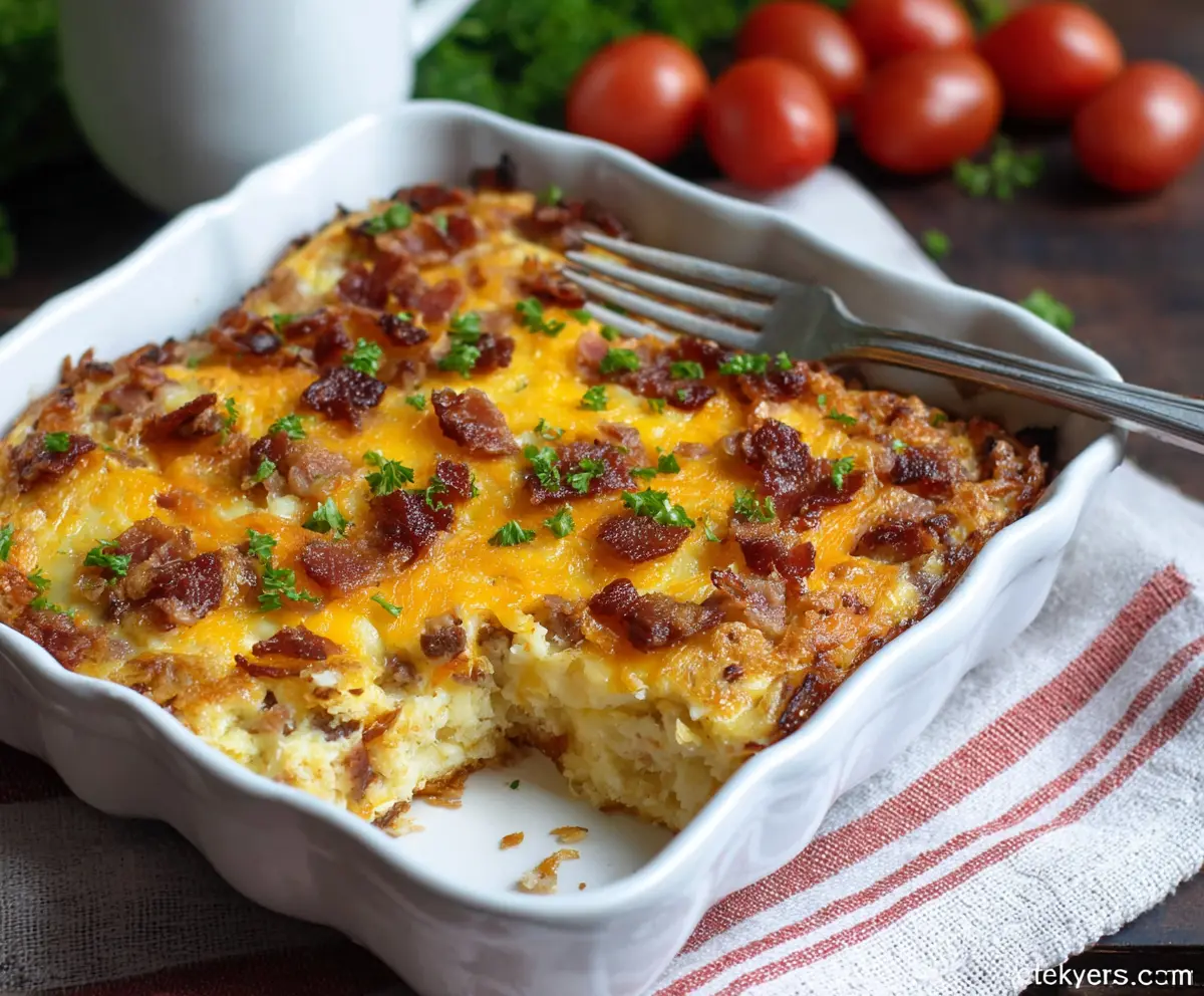 Delicious Amish Breakfast Casserole with eggs, cheese, and sausage in a baked dish.