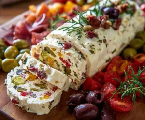 Delicious Antipasto Cream Cheese Log garnished with herbs and vegetables for a savory appetizer.