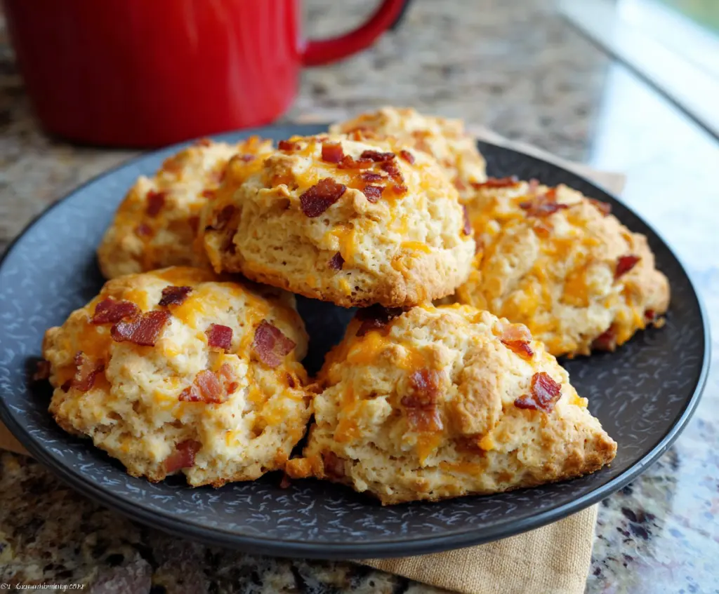 Delicious Apple Cheddar Bacon Scones on a rustic wooden board, highlighting the crispy golden crust and savory filling.