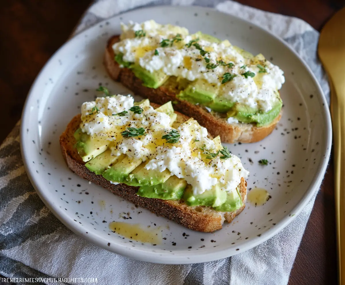 Delicious avocado toast topped with cottage cheese and a drizzle of honey on a rustic plate.
