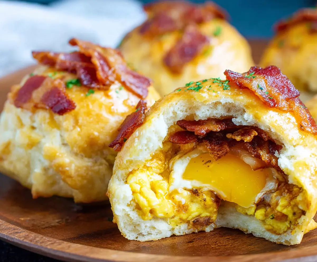 Delicious Bacon Egg Breakfast Biscuit Bombs with crispy bacon, fluffy eggs, and golden biscuits.