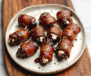 Delicious bacon-wrapped dates filled with creamy goat cheese, perfect for appetizers.