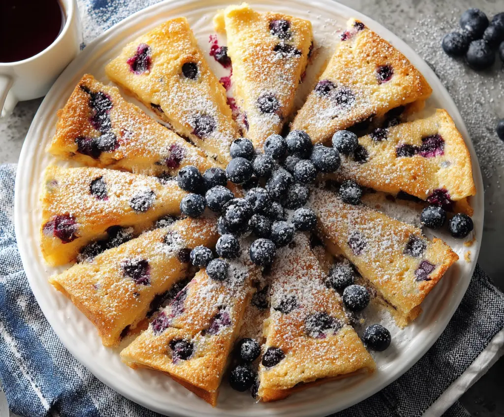Delicious baked blueberry pancake topped with fresh blueberries and syrup, ideal for breakfast or brunch.