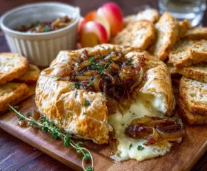 Delicious baked brie topped with caramelized onions served as an elegant appetizer.