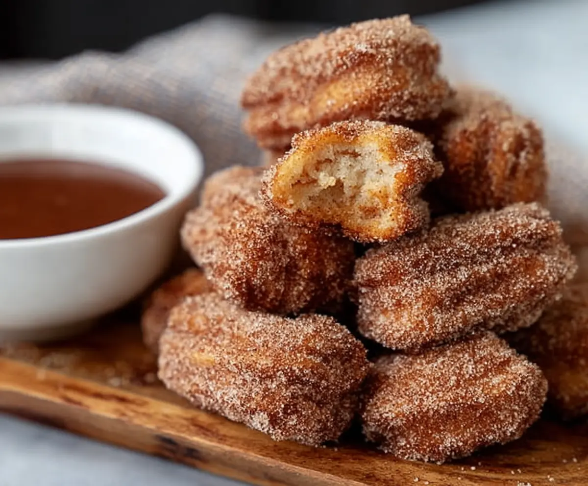 Golden baked churro bites sprinkled with cinnamon sugar on a white plate.