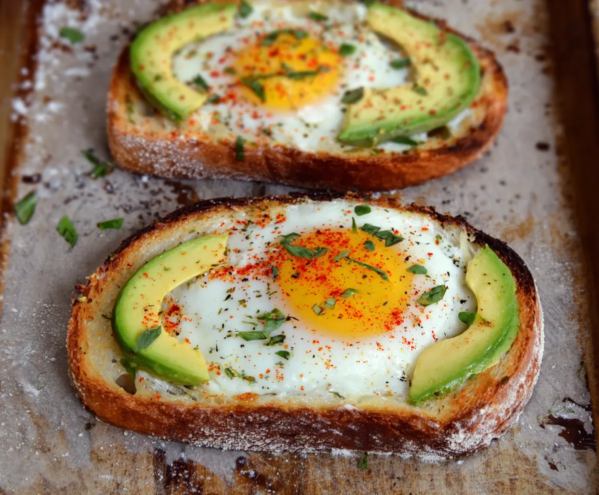 Delicious baked egg avocado toast on a rustic plate, showcasing a healthy breakfast option.
