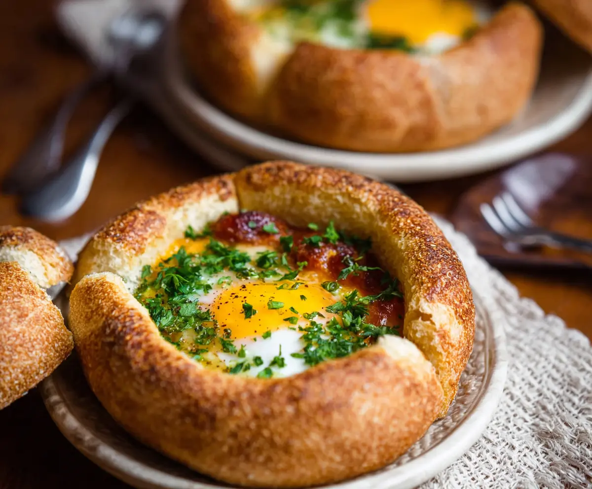 Delicious baked eggs in a basket served with fresh herbs and toasted bread.