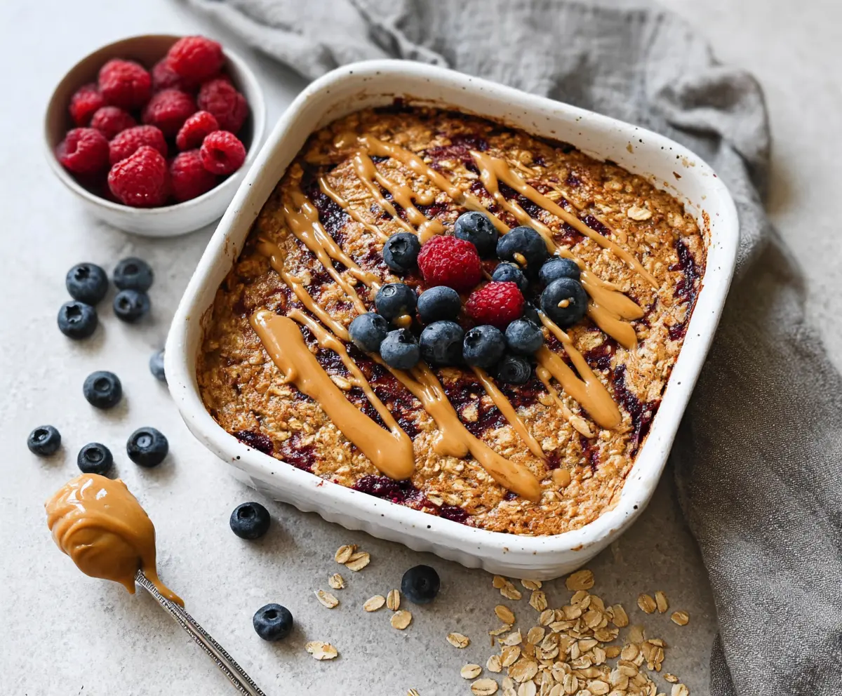 Healthy baked protein oatmeal in a bowl topped with fresh berries and nuts, perfect for a nutritious breakfast.