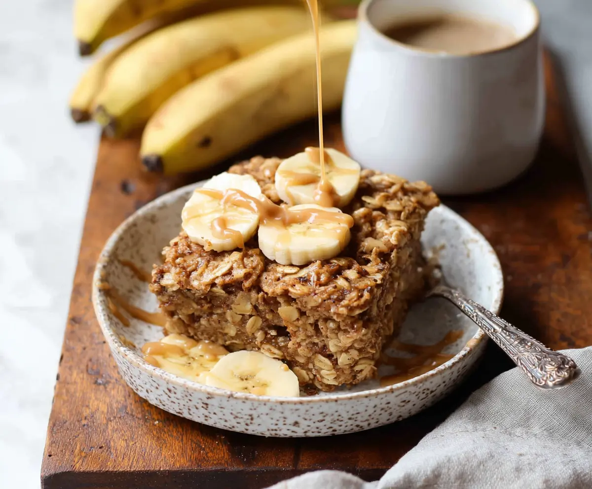 Delicious Banana Bread Baked Oatmeal served in a baking dish with ripe bananas and a cinnamon sprinkle for a wholesome breakfast.